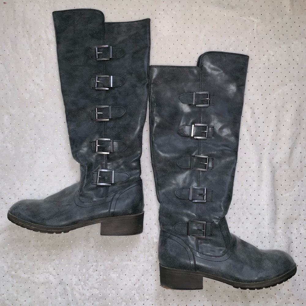 Gray Buckle Calf Boots
